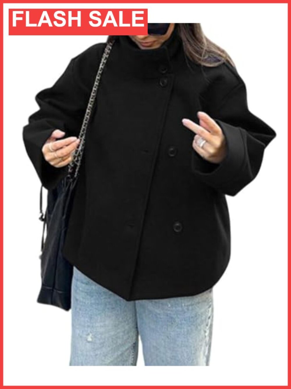 Wool Blend Crop Pea Coat Loose Fit Winter Short Jacket